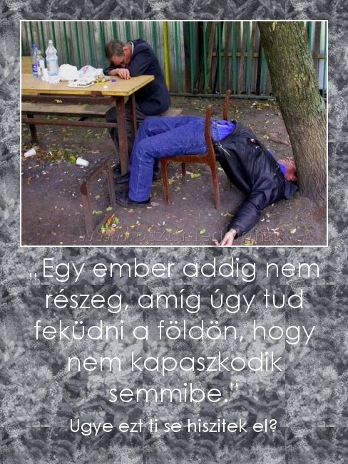 „Egy ember addig nem részeg, amíg úgy tud feküdni a földön, hogy nem kapaszkodik semmibe.”
 
Ugye ezt ti se hiszitek el?