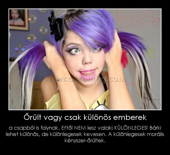 Őrült vagy csak különös emberek Őrült vagy csak különös emberek
a csapból is folynak. Ettől NEM lesz valaki KÜLÖNLEGES! Bárki lehet különös, de különlegesek kevesen. A különlegesek morális kényszer-őrültek.