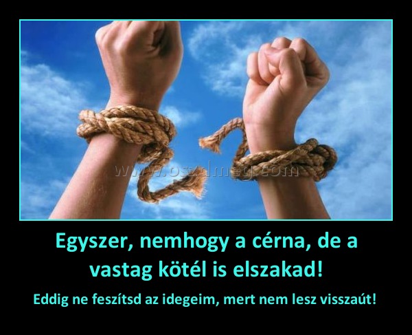 Egyszer, nemhogy a cérna, de a vastag kötél is elszakad! Egyszer, nemhogy a cérna, de a vastag kötél is elszakad!
Eddig ne feszítsd az idegeim, mert nem lesz visszaút!