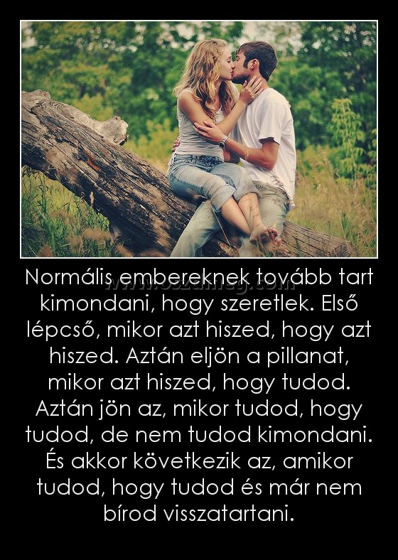 Normális embereknek tovább tart kimondani, hogy szeretlek. Első lépcső, mikor azt hiszed, hogy azt hiszed. Aztán eljön a pillanat, mikor azt hiszed, hogy tudod. Aztán jön az, mikor tudod, hogy tudod, de nem tudod kimondani. És akkor következik az, amikor 
 
