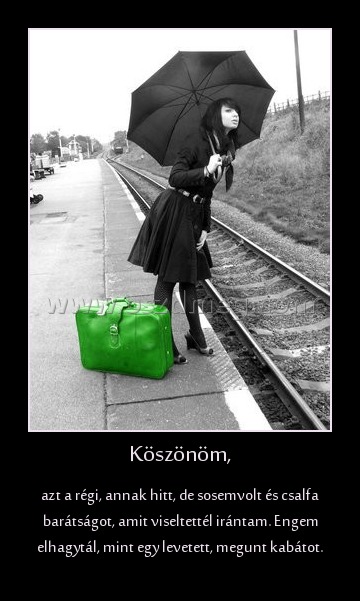 Köszönöm, Köszönöm,
azt a régi, annak hitt, de sosemvolt és csalfa barátságot, amit viseltettél irántam. Engem elhagytál, mint egy levetett, megunt kabátot.