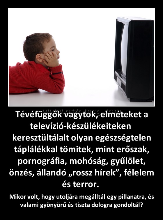 Tévéfüggők vagytok, elméteket a televízió-készülékeiteken  keresztültálalt olyan egészségtelen táplálékkal tömitek, mint erőszak, pornográfia, mohóság, gyűlölet, önzés, állandó „rossz hírek”, félelem és terror. 
 
Mikor volt, hogy utoljára megálltál egy pillanatra, és valami gyönyörű és tiszta dologra gondoltál?