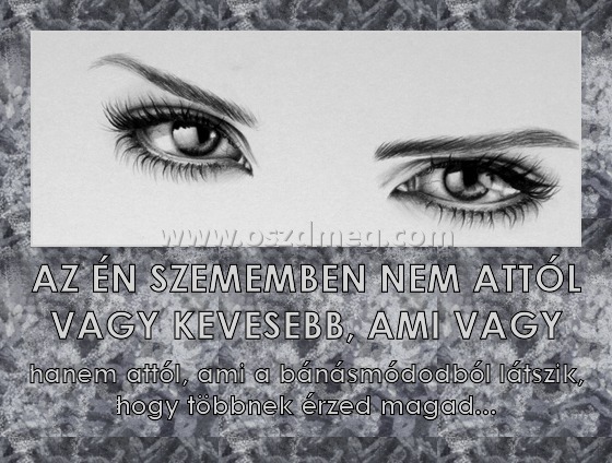 AZ ÉN SZEMEMBEN NEM ATTÓL VAGY KEVESEBB, AMI VAGY AZ ÉN SZEMEMBEN NEM ATTÓL VAGY KEVESEBB, AMI VAGY
hanem attól, ami a bánásmódodból látszik, hogy többnek érzed magad...