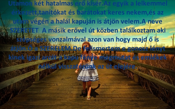 Utamon két hatalmas erő Utamon két hatalmas erő
Utamon két hatalmas erő kísér.Az egyik a lelkemmel érkezett,tanítókat és barátokat keres nekem,és az utam végén a halál kapuján is átjön velem.A neve SZERETET A másik erővel út közben találkoztam aki szépséges vonzalmával azon van hogy majd ő is átjön.Ő a SZERELEM.De felismertem e gonosz lényt kinek igazi arcát a kapu fénye megmutat és emlékek nélkül visszatérünk az út elejére.