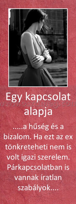 Egy kapcsolat alapja Egy kapcsolat alapja
.....a hűség és a bizalom. Ha ezt az ex tönkreteheti nem is volt igazi szerelem. Párkapcsolatban is vannak íratlan szabályok....