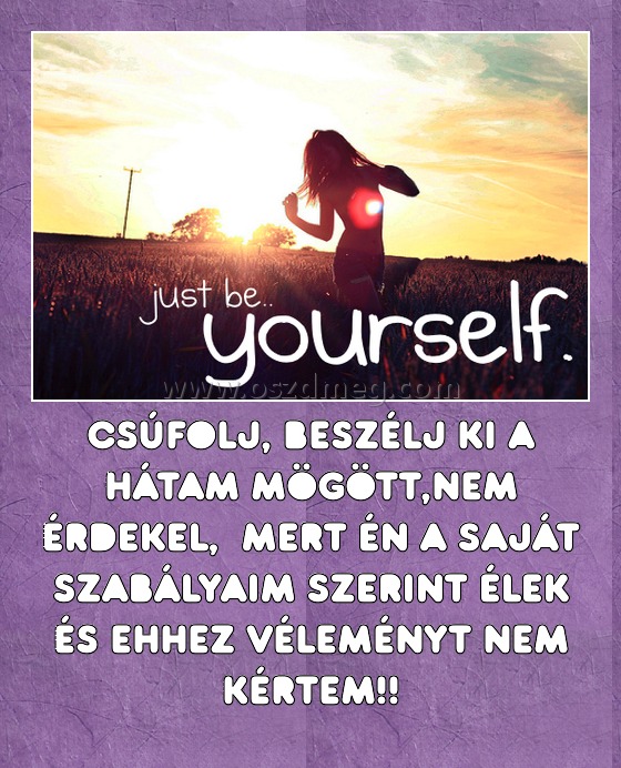 Csúfolj, Beszélj ki a hátam mögött,nem érdekel,  mert én a saját szabályaim szerint élek és ehhez véleményt nem kértem!!
 
